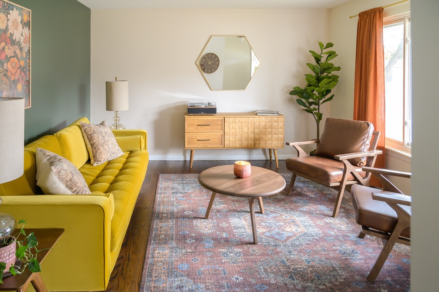 1. Pair Mustard Upholstery with Sculptural Wood