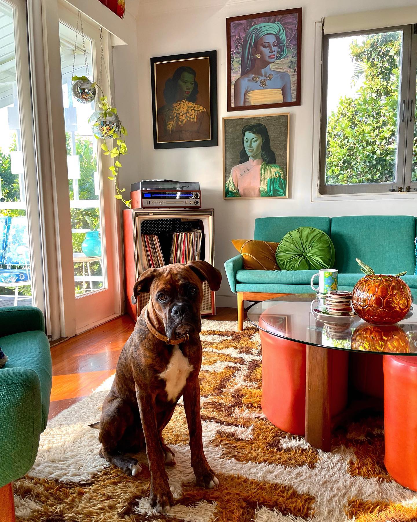 3. Balance Teal Seating With a Warm Shag Rug