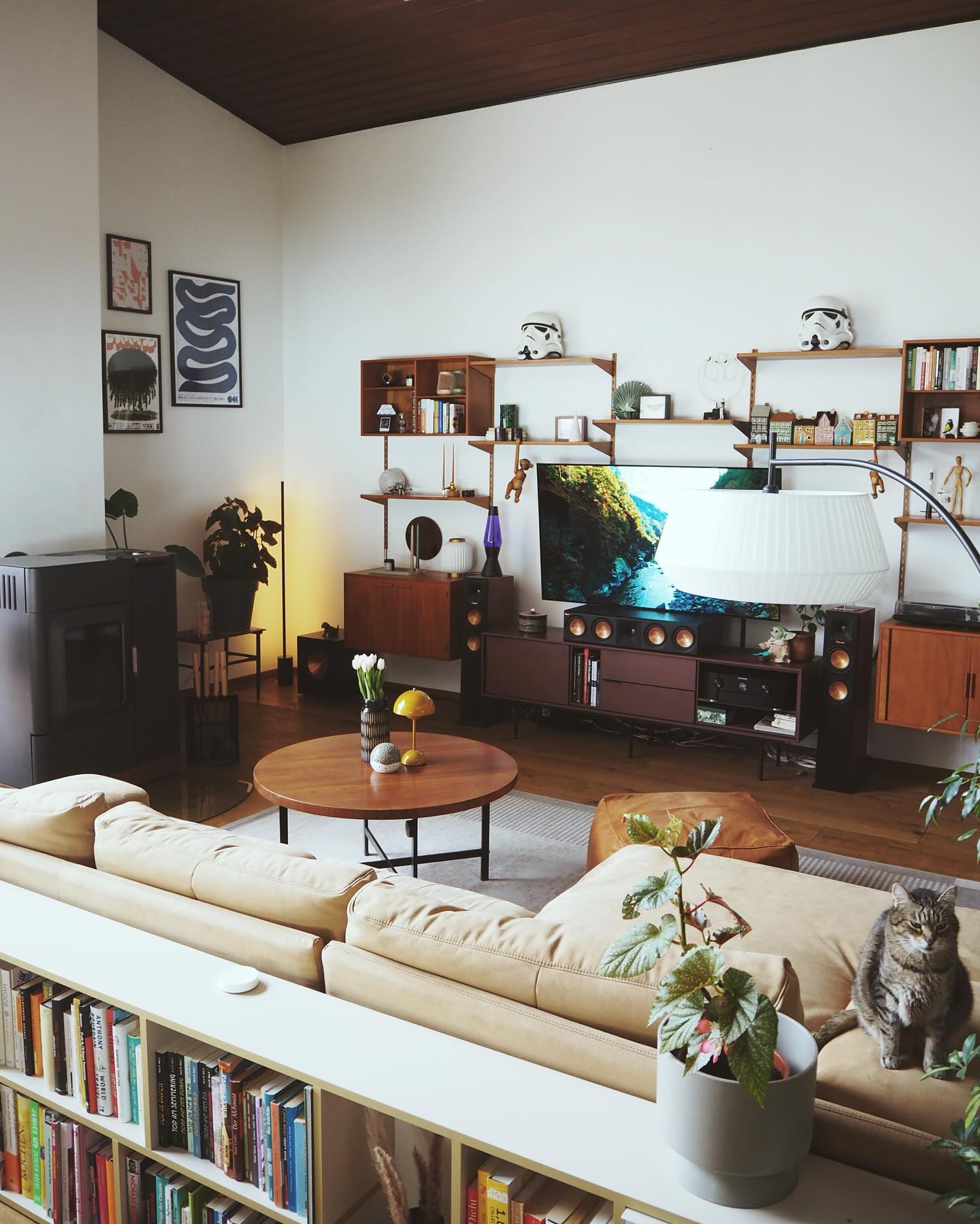 10. Combine Open Wood Shelving With Modern Media