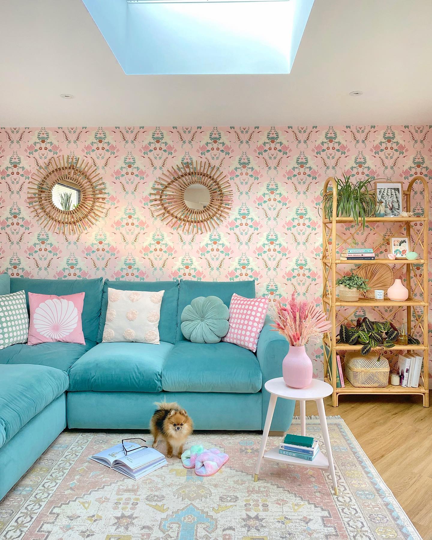 Soften a Teal Sofa with Pastel Florals and Woven Accents