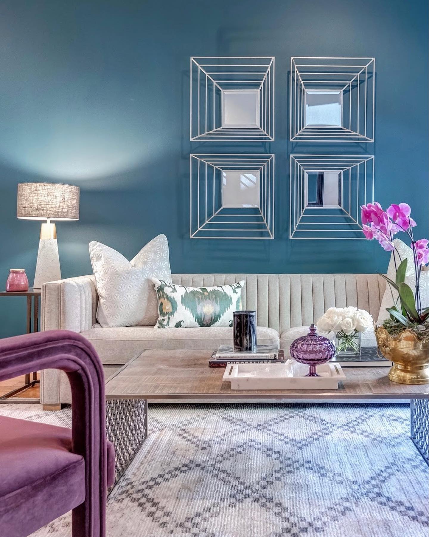 Add a Geometric Mirror Grid to a Deep Teal Wall