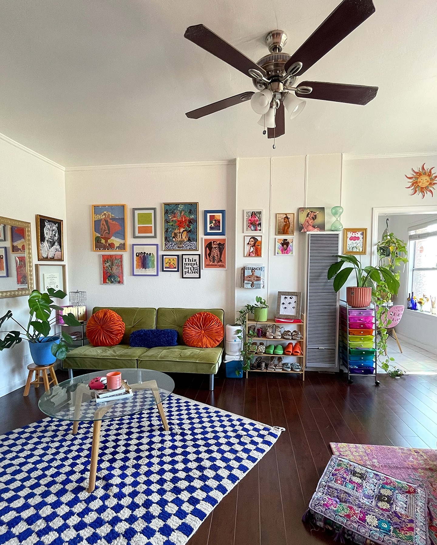 Define a Small Living Area with a Checkerboard Rug