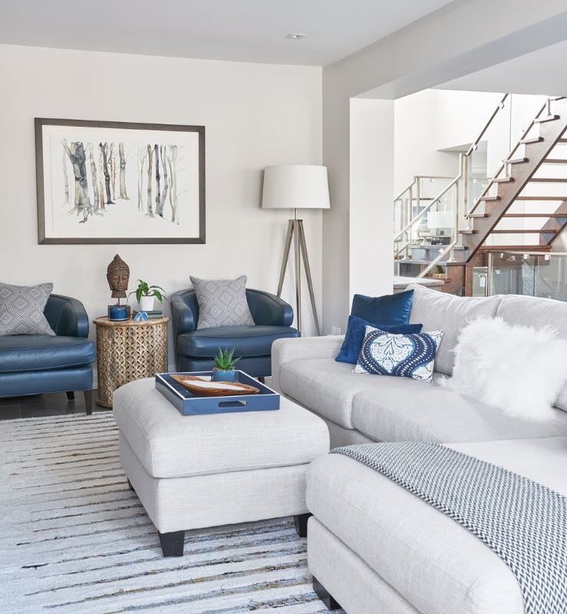 2. Balance a Gray Sectional with Paired Blue Chairs