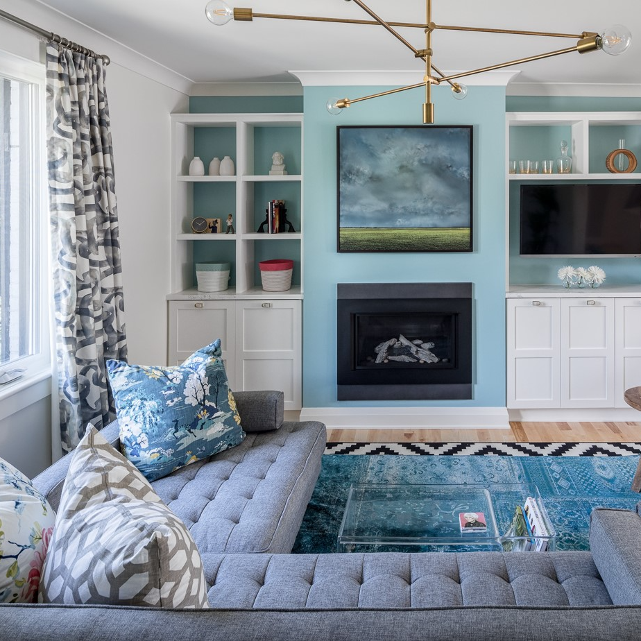 3. Carry Blue Through the Fireplace Wall and Shelves
