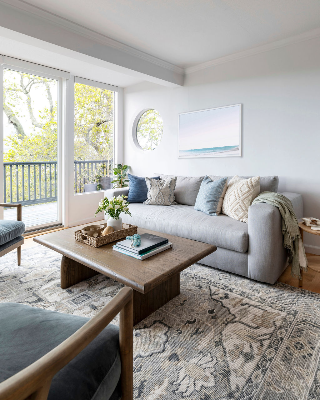 14. Layer Muted Blues into a Light Gray Room