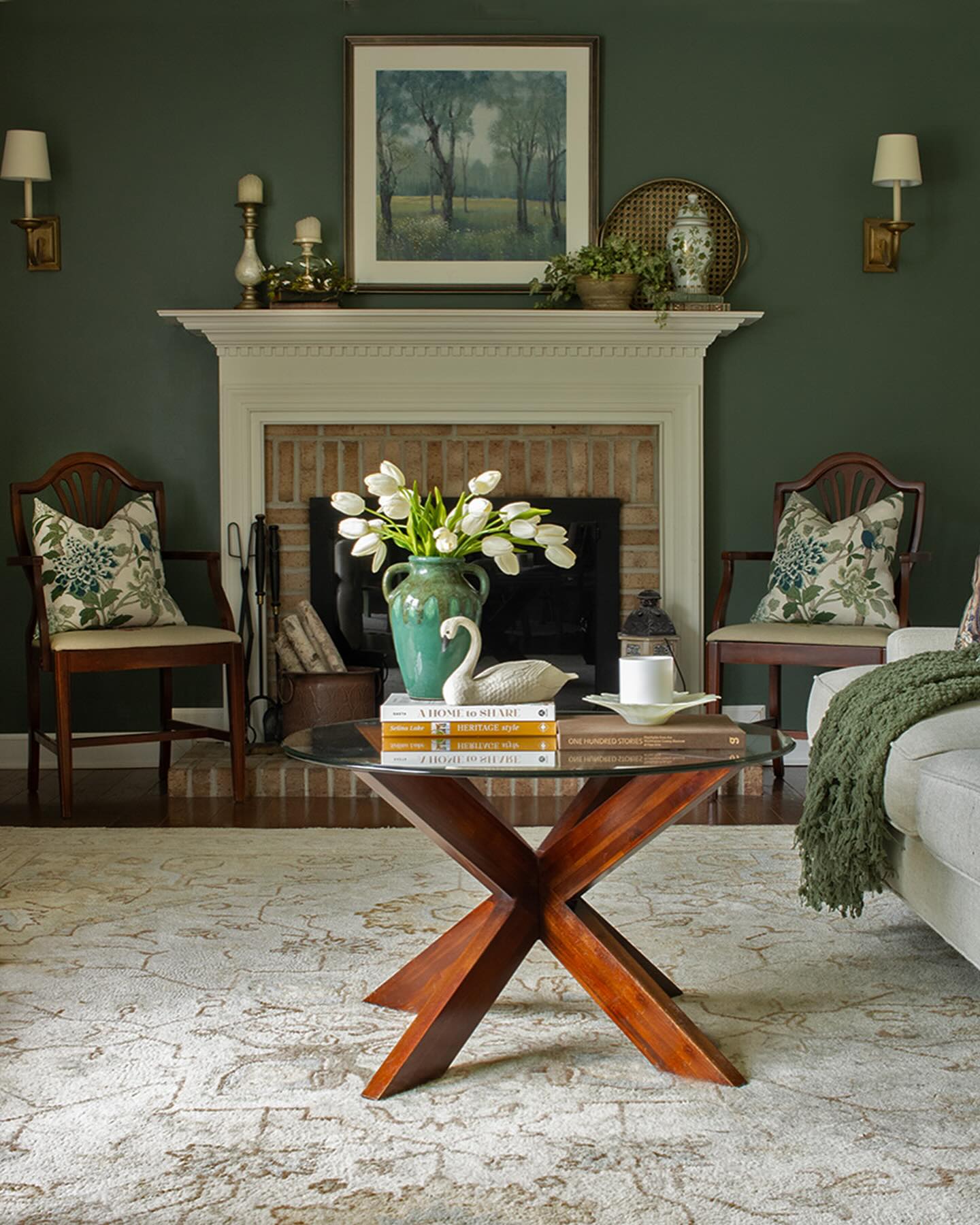 Set Pale Brick Against Deep Green Walls