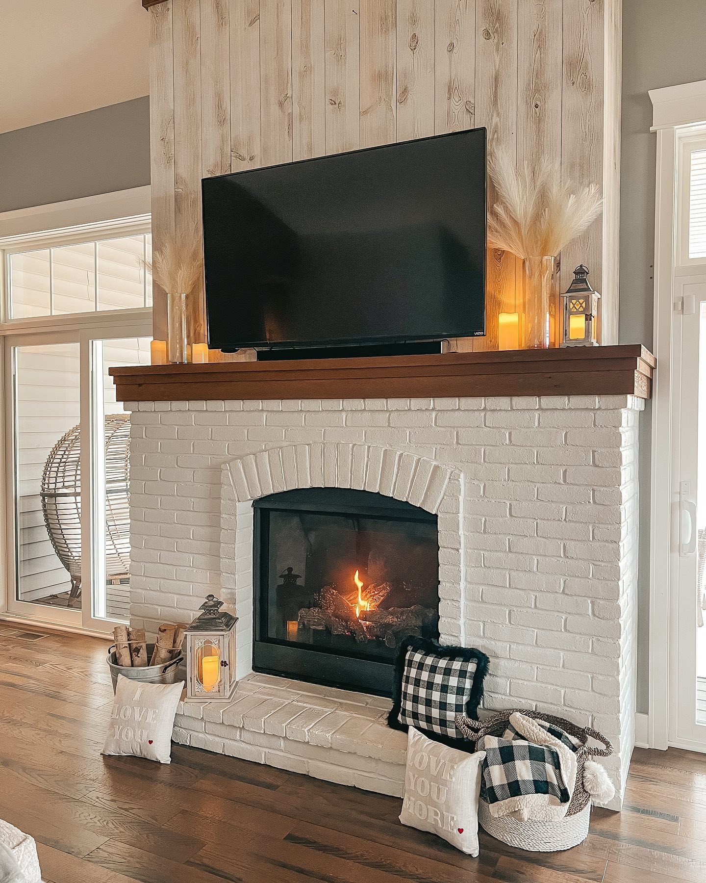 Layer White Brick with Vertical Wood Paneling