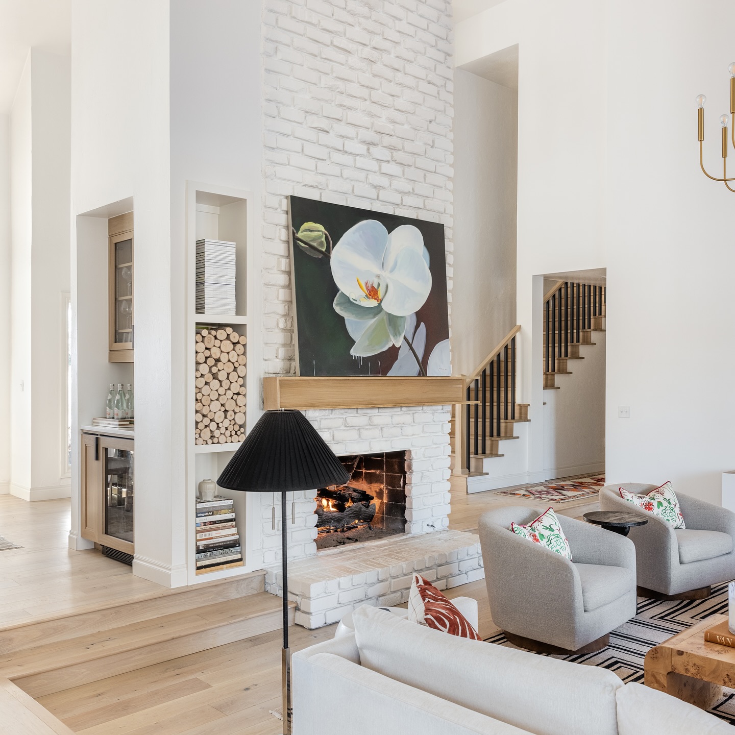 Use a Tall Brick Chimney to Define an Open Living Area