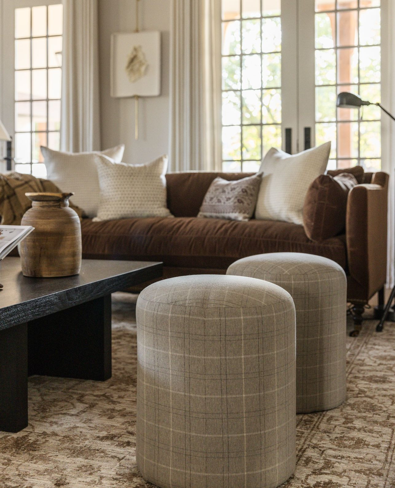 Add Flexible Seating with Plaid Upholstered Stools