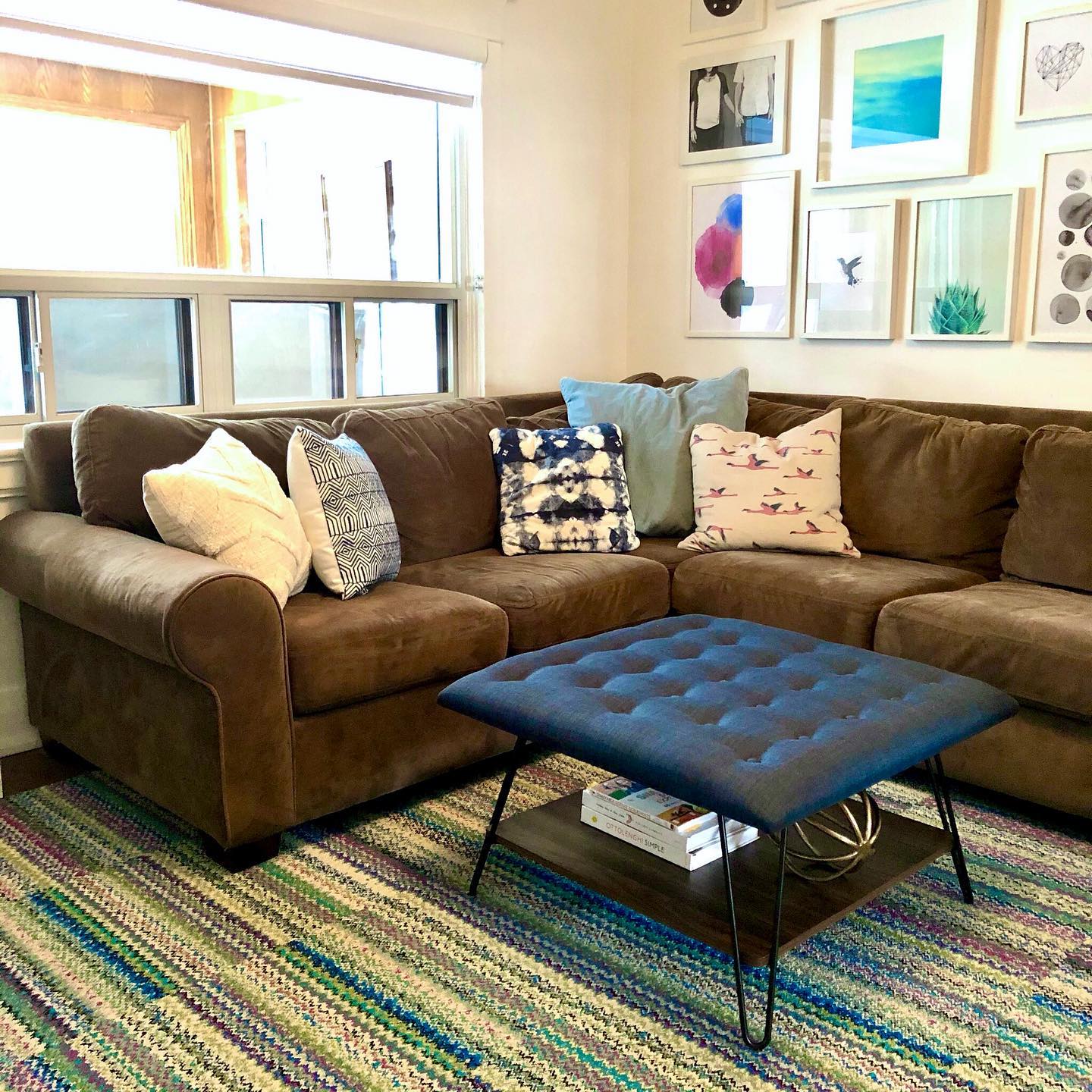 Give a Brown Sectional a Bold Blue Ottoman