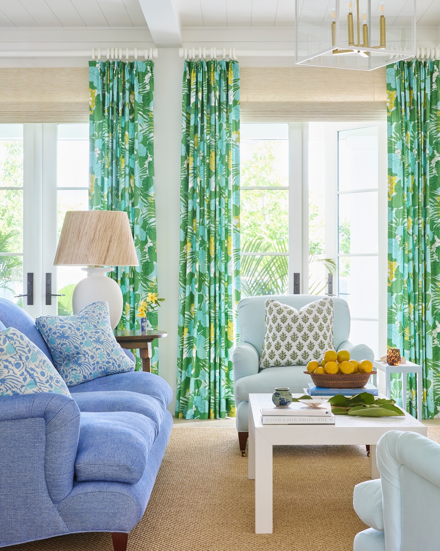Frame Blue Seating with Tropical Green Curtains