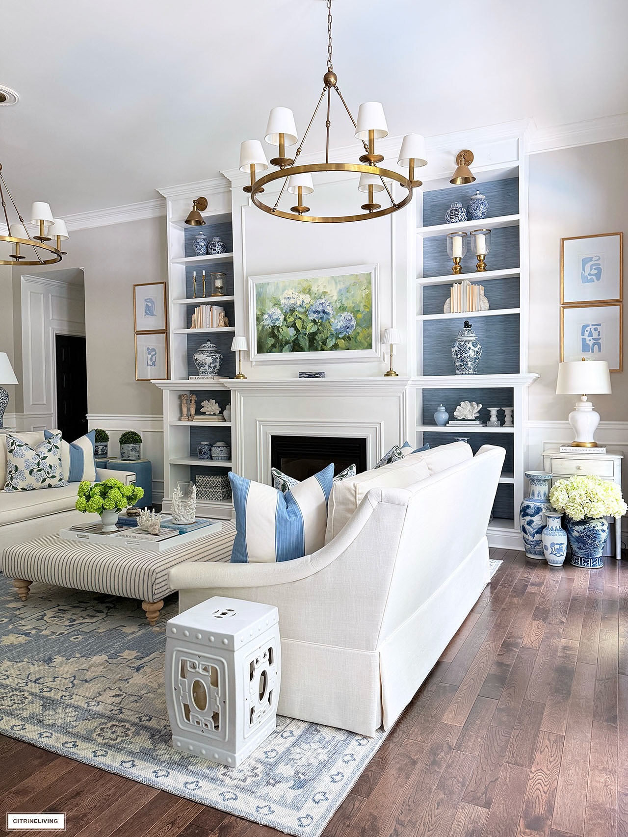 Give White Built Ins Depth with Blue Backing