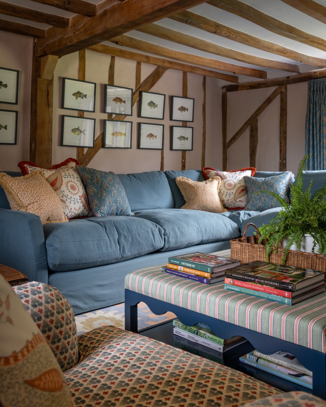 Pair a Blue Sectional with a Striped Ottoman