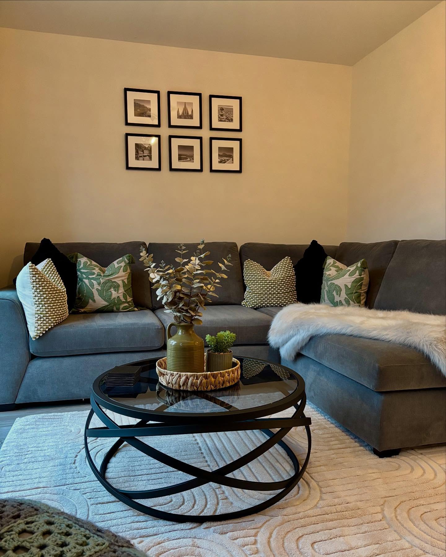 Show a Pale Textured Rug Through a Glass Coffee Table