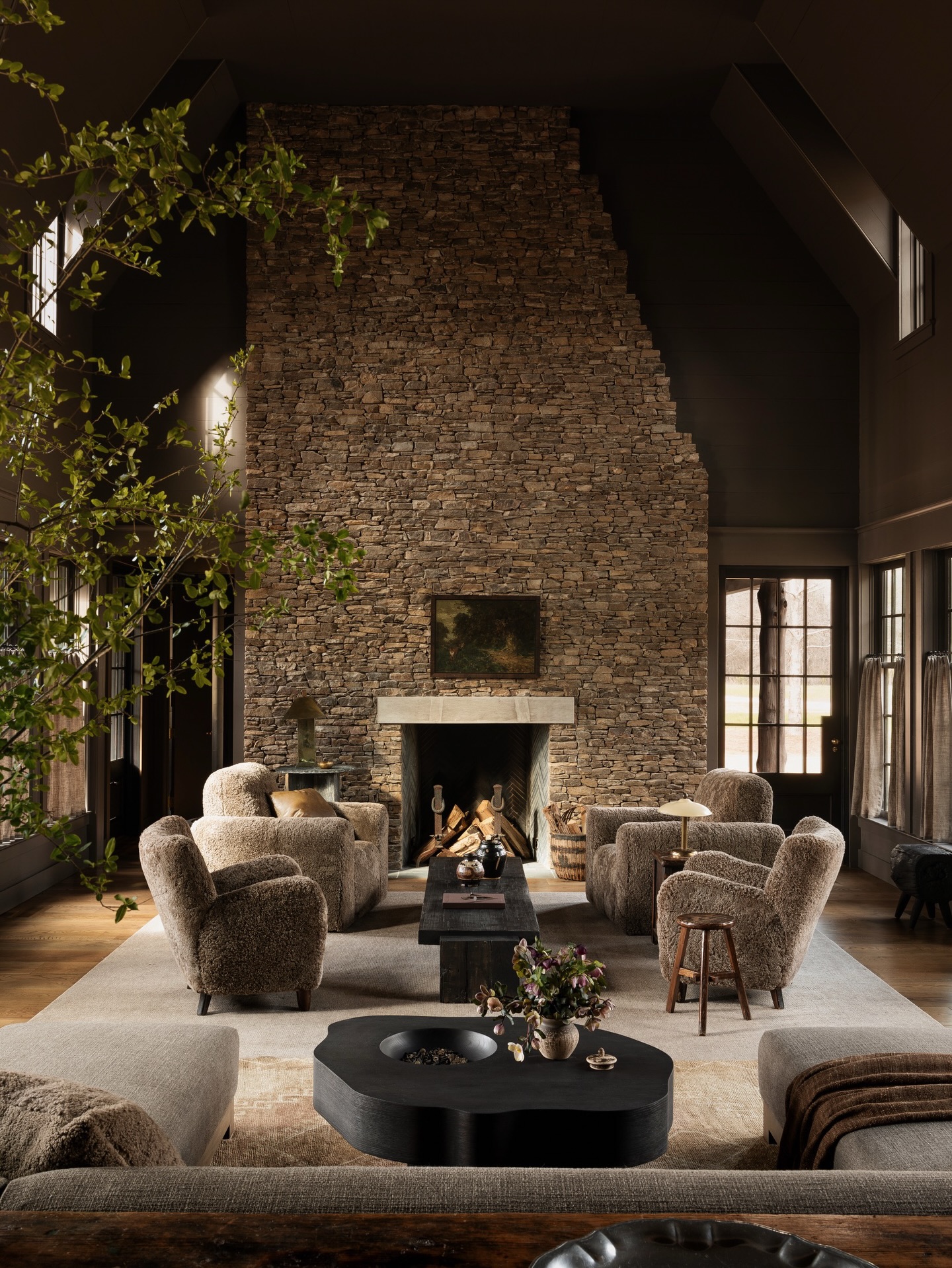Let Stone Texture Break Up Deep Brown Walls