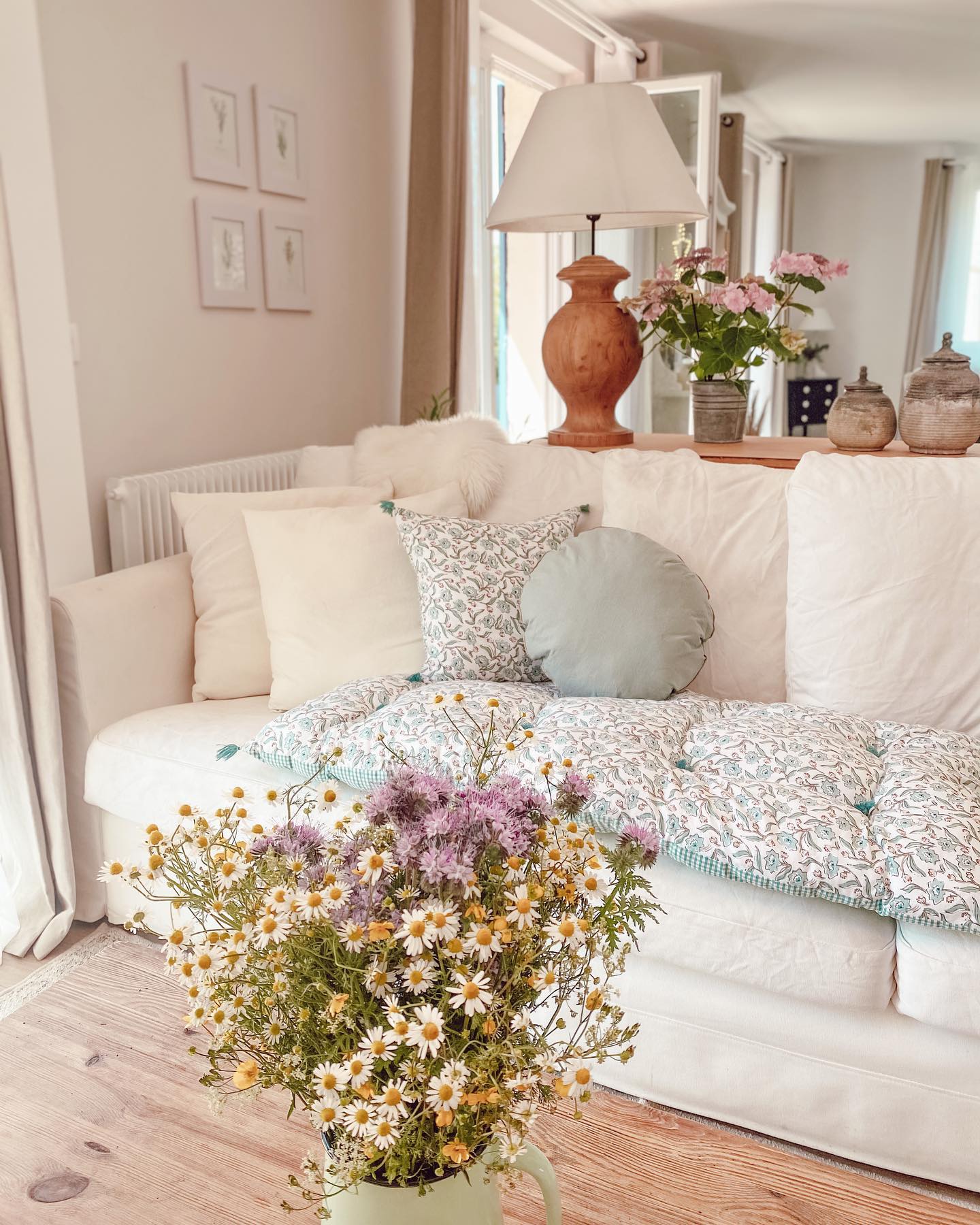 Repeat One Small Floral Across the Sofa