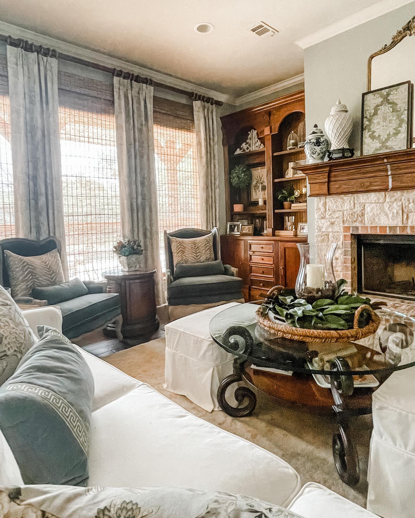 Layer Woven Shades Behind Full-Length Curtains