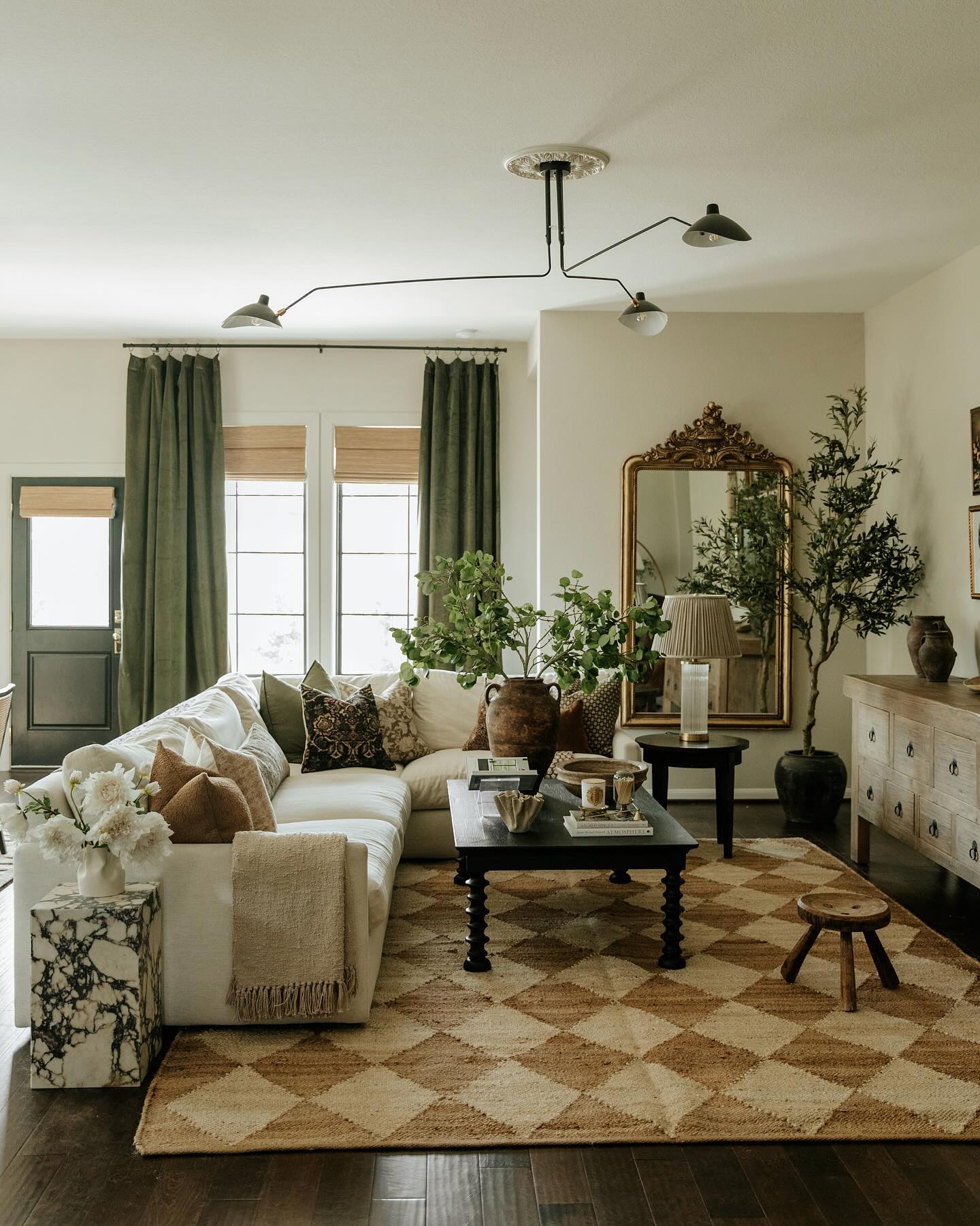 Repeat Muted Green on Curtains and a Door