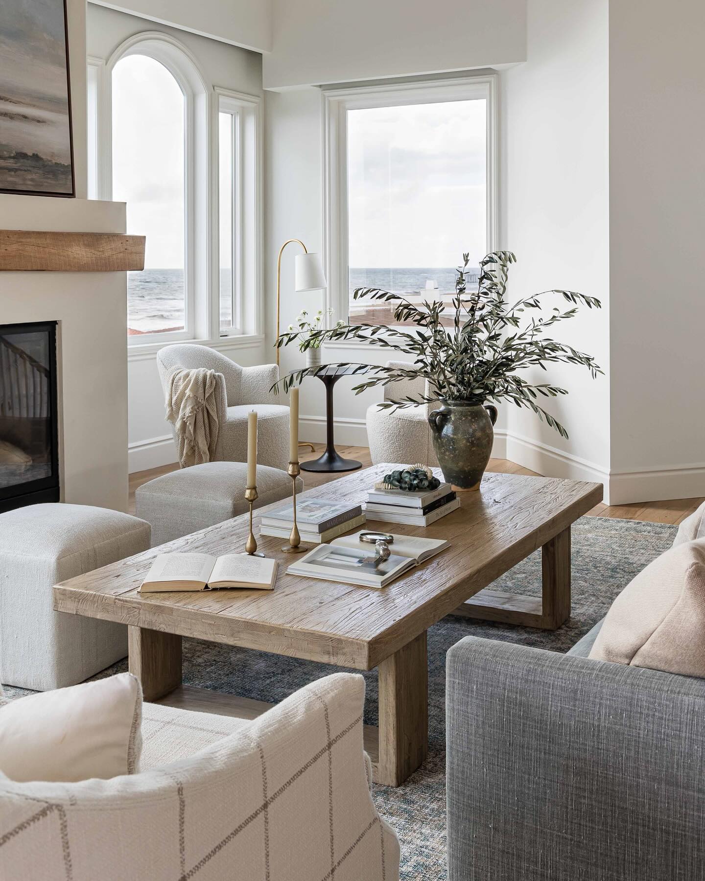 2. Balance a checked armchair with ocean-view windows