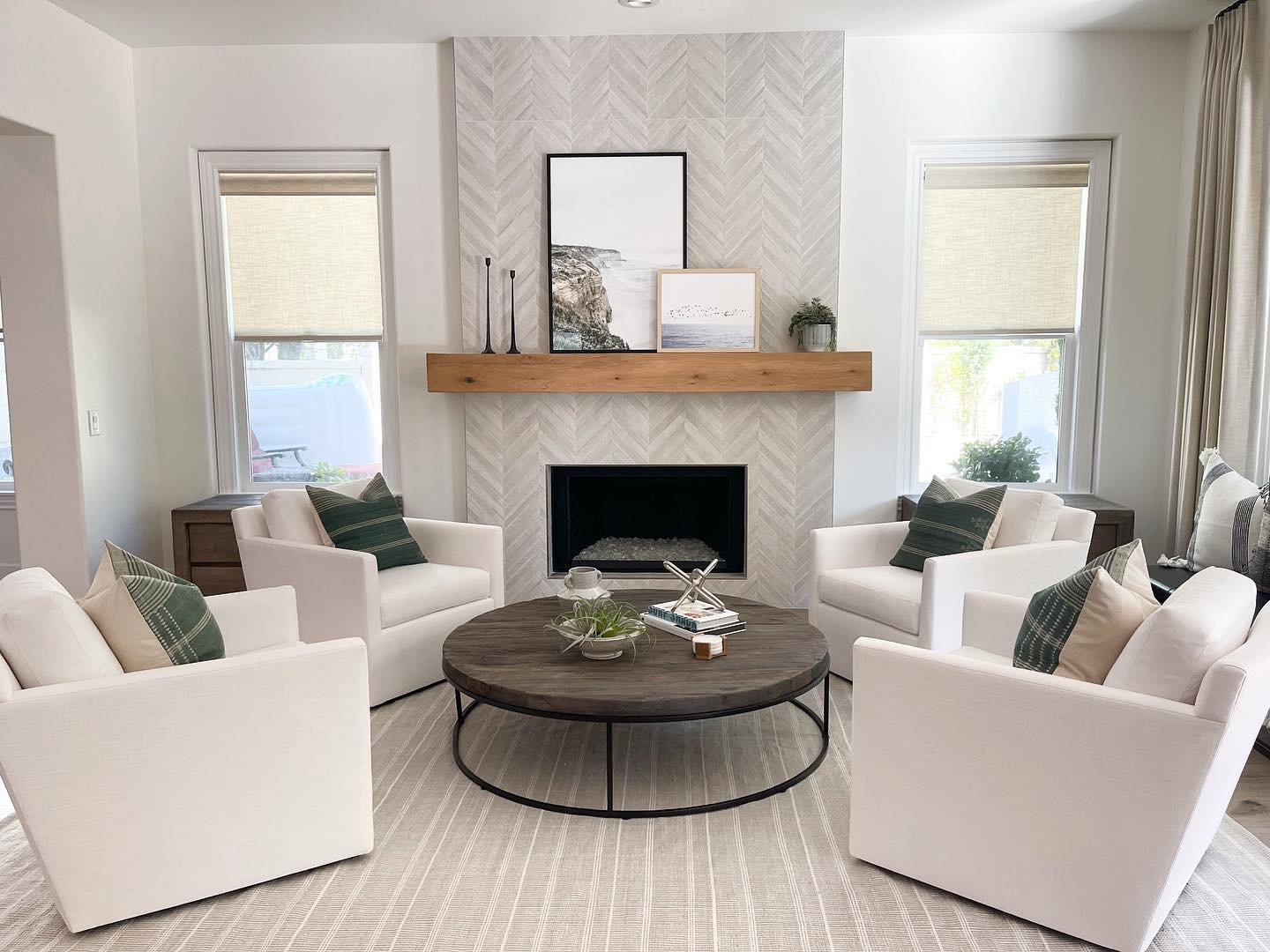 13. Arrange four lounge chairs around a round table