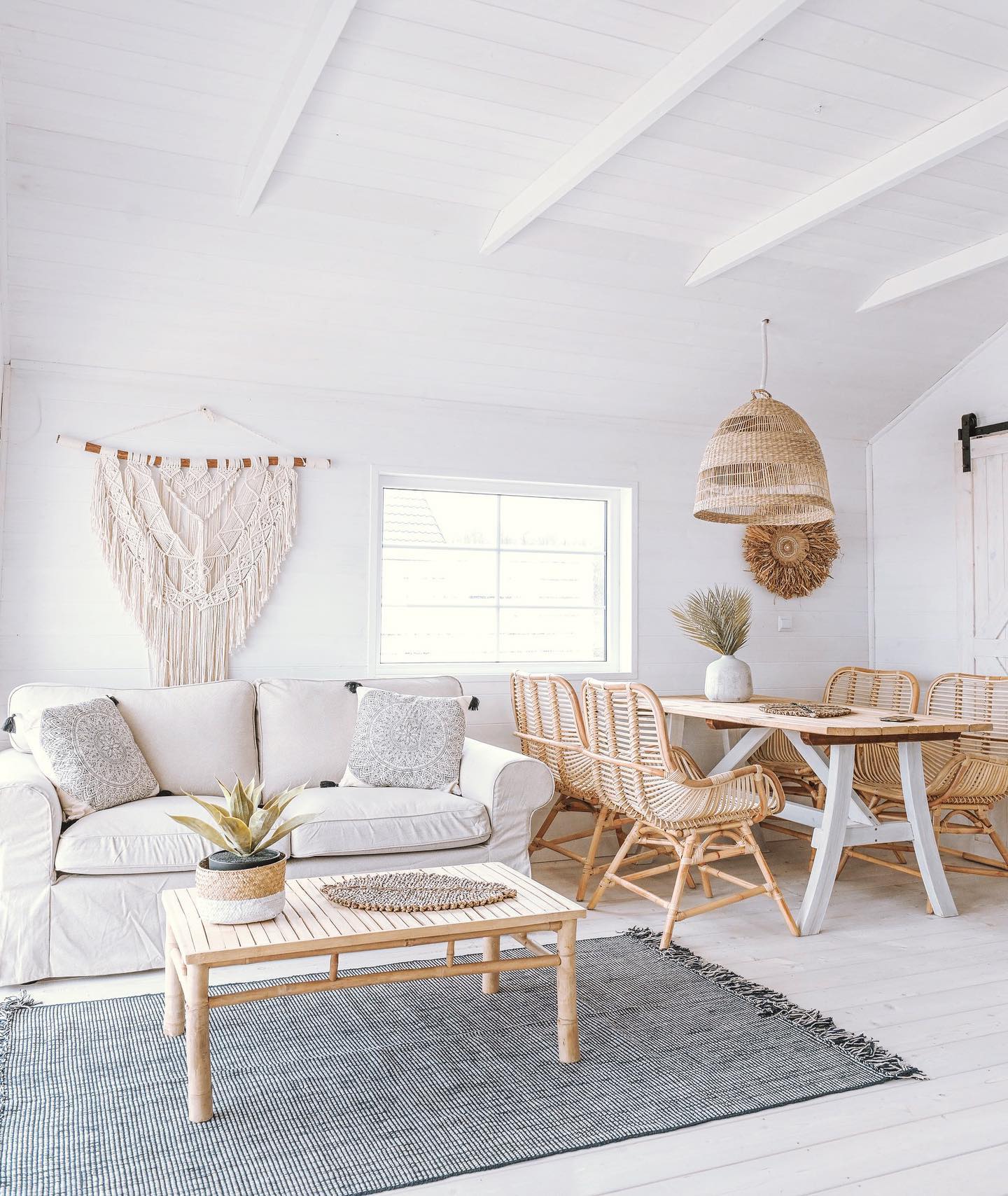 16. Pair open furniture frames with white ceiling beams