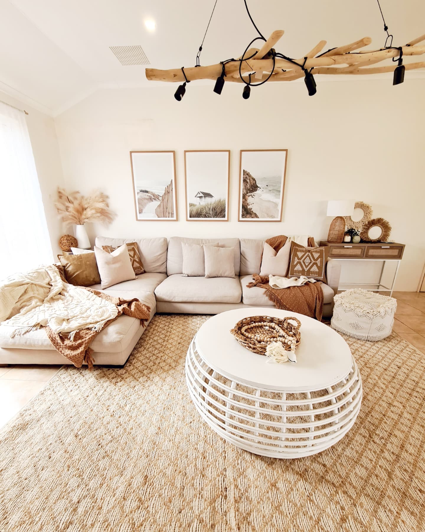 18. Ground low lounge seating with an oversized woven rug