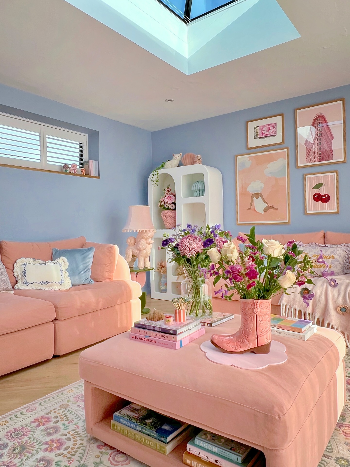 7. Repeat Peach Upholstery Around Blue Walls