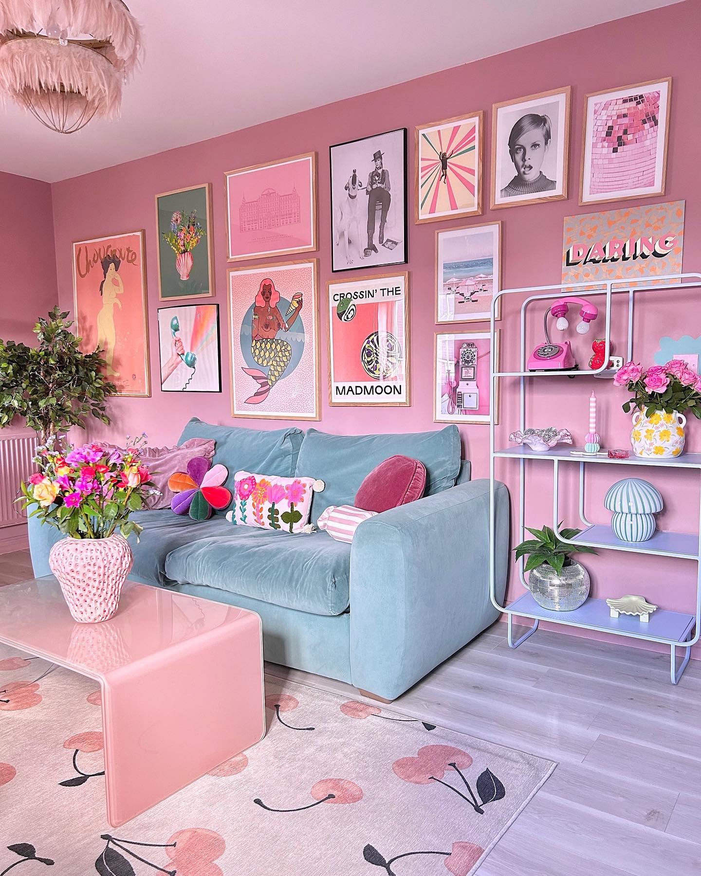 10. Add Lilac Shelves Beside a Blue Sofa