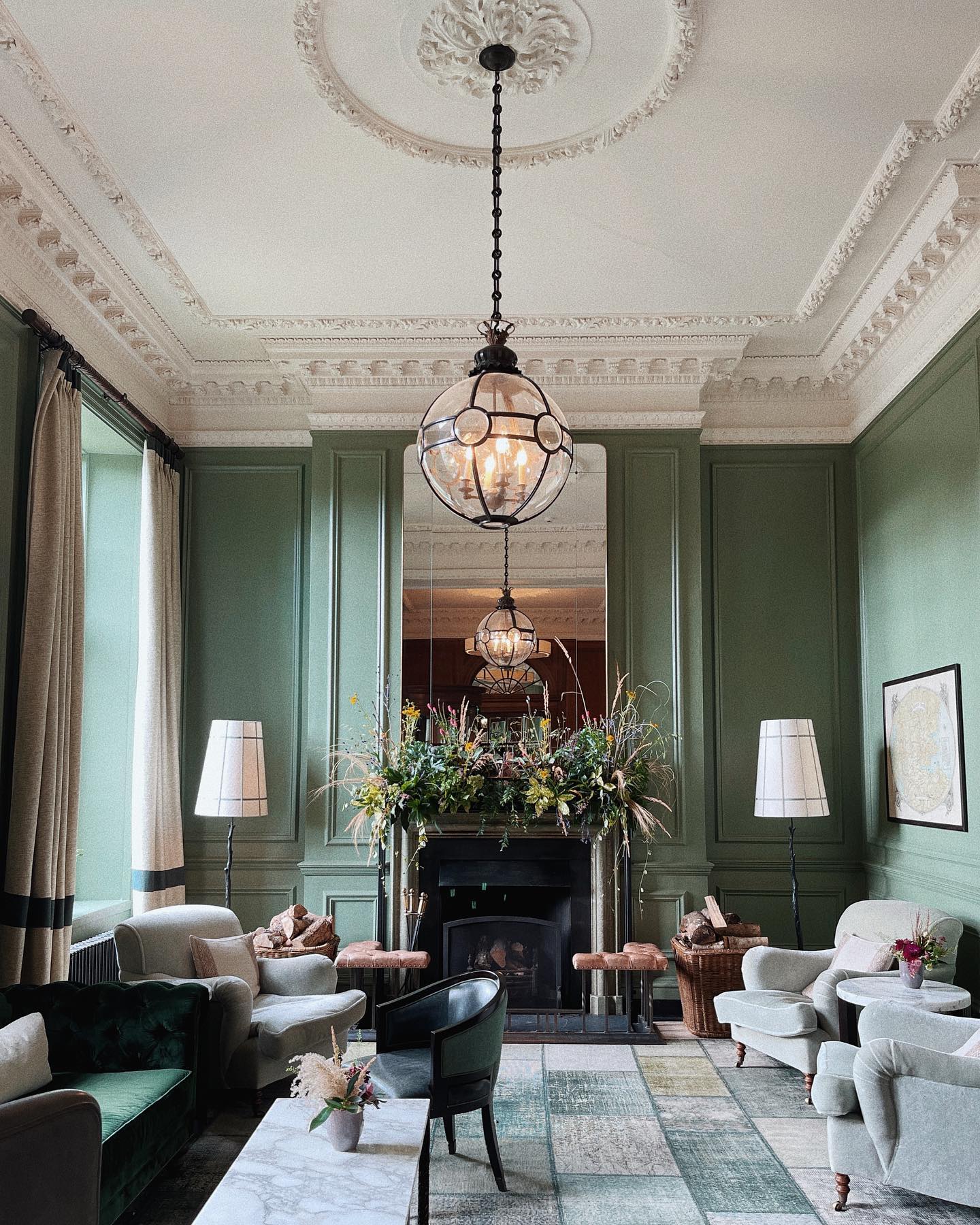 7. Balance Pale Seating Beneath an Ornate White Ceiling