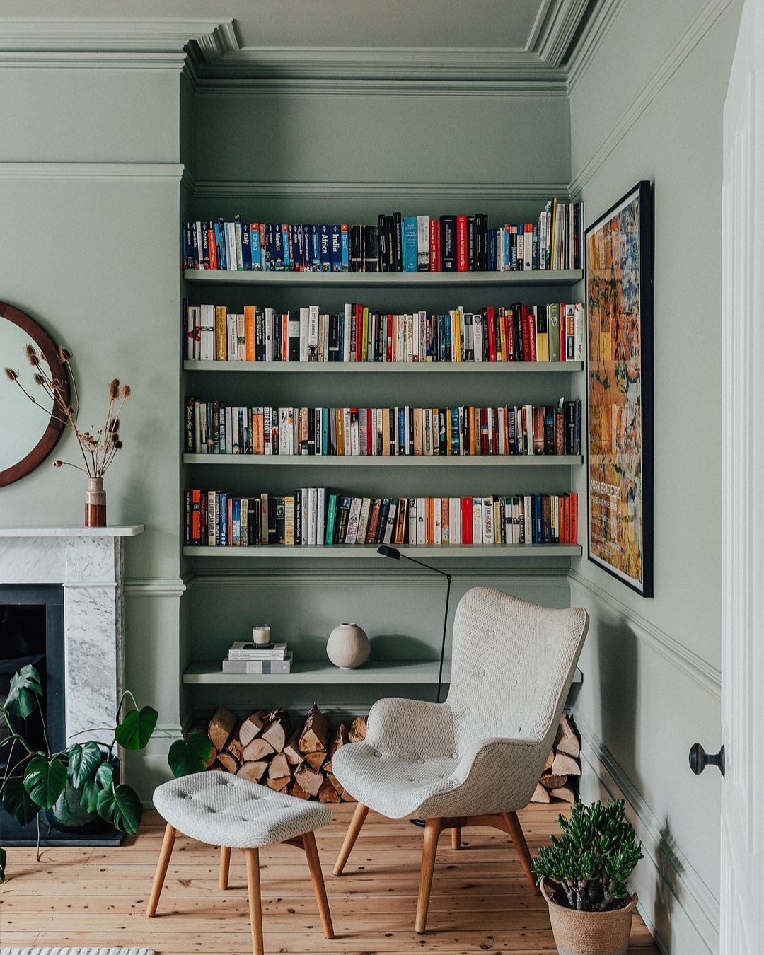 8. Blend Alcove Bookshelves into Sage Walls