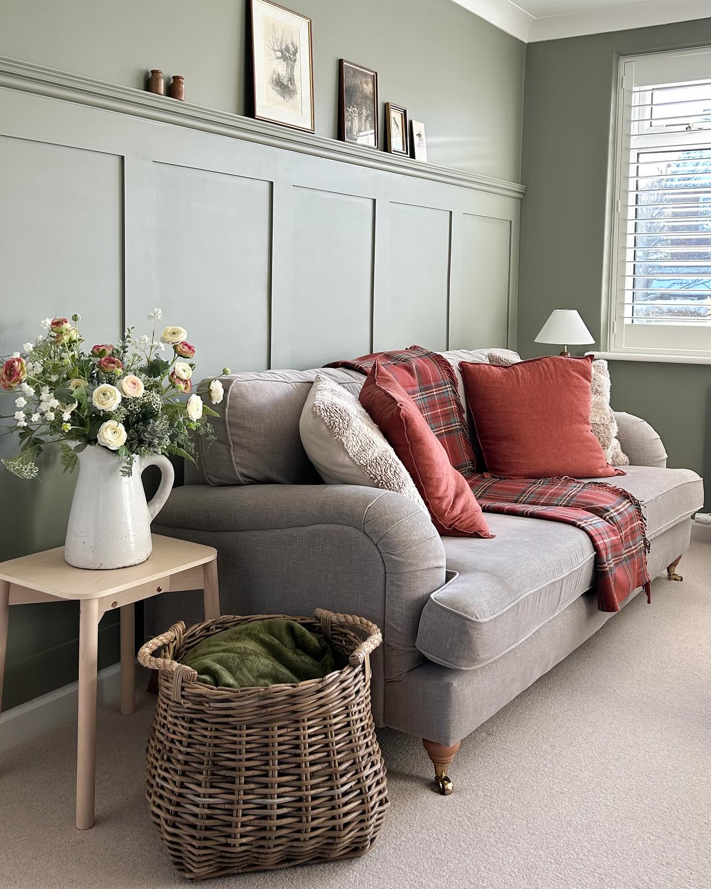 13. Warm Cool Sage with Rust Pillows and Plaid