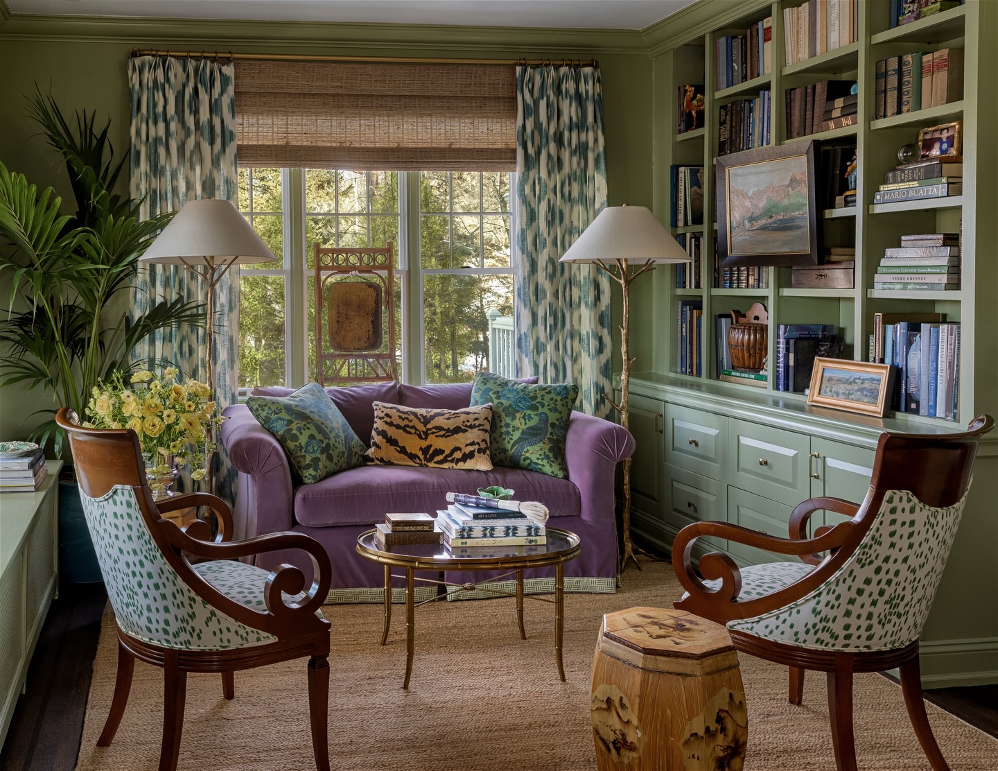 18. Pair Sage Cabinetry with a Plum Sofa