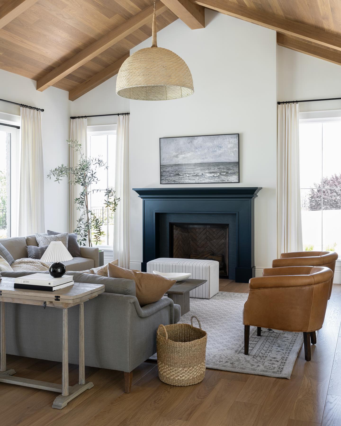 Pair a Timber Ceiling With a Generous Woven Pendant