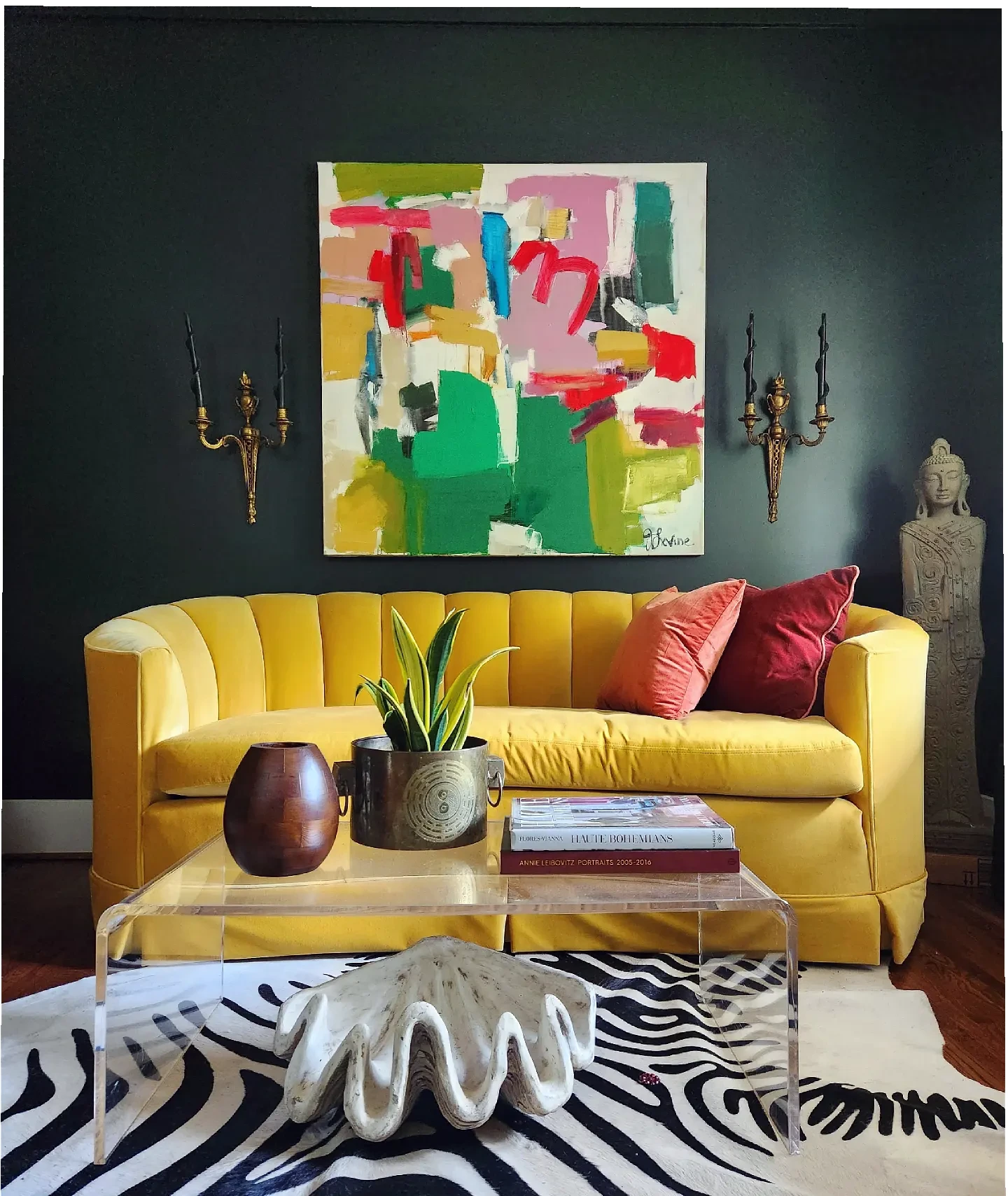 2. Spotlight a Curved Yellow Sofa Against Dark Green