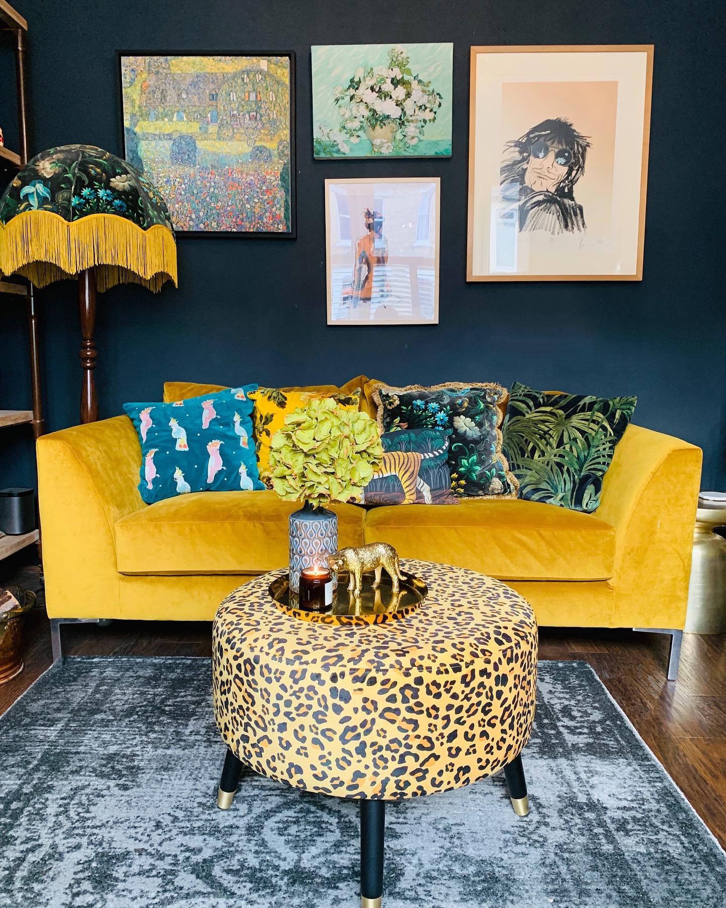 3. Layer Botanical Patterns Around a Bright Yellow Couch