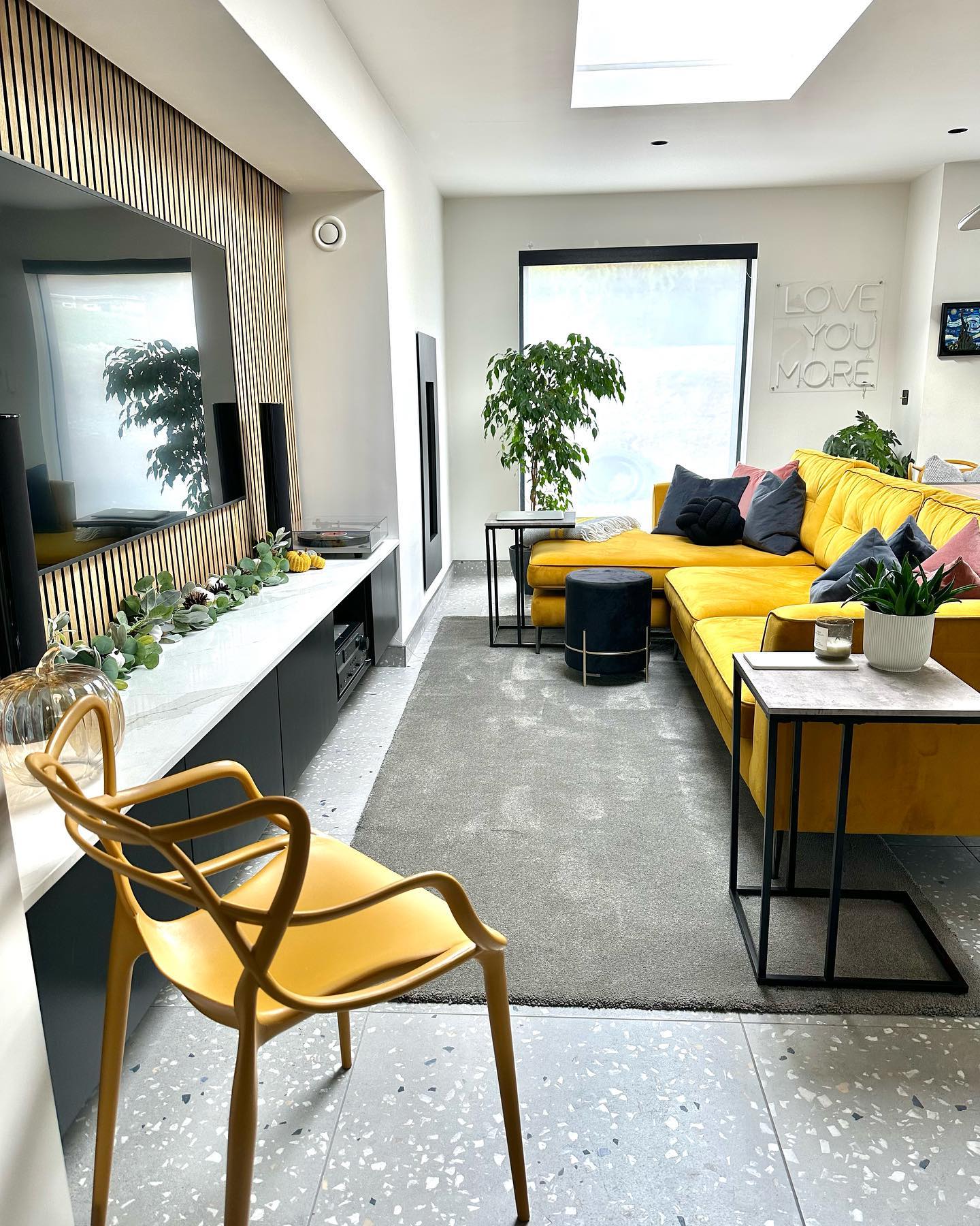 16. Give a Narrow Media Room a Yellow Sectional
