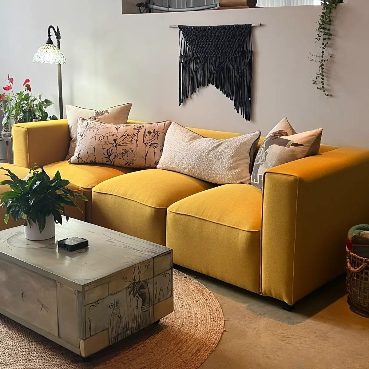 17. Balance a Boxy Mustard Sofa With Textured Neutral Accents