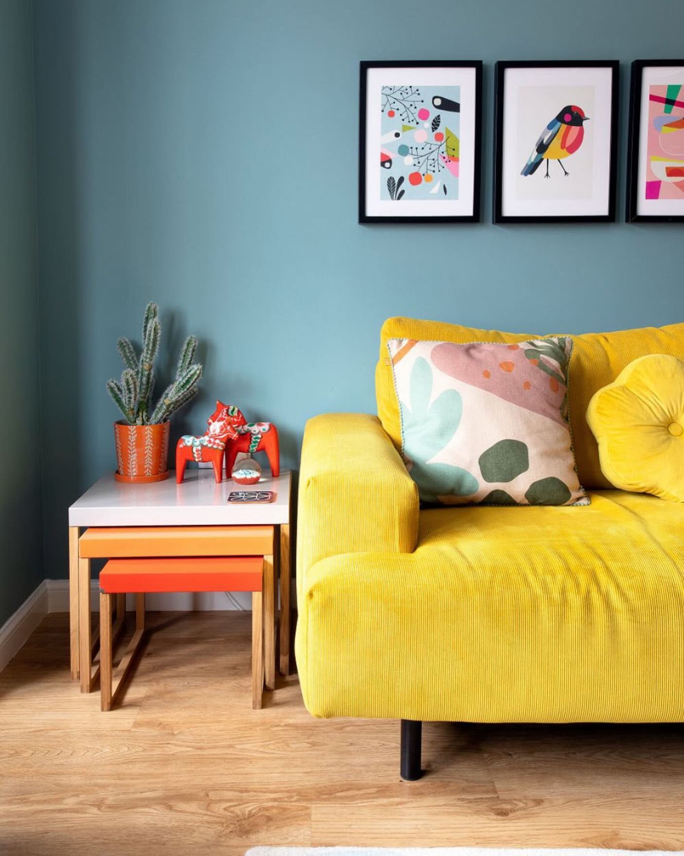 18. Echo a Yellow Sofa With Colorful Nesting Tables