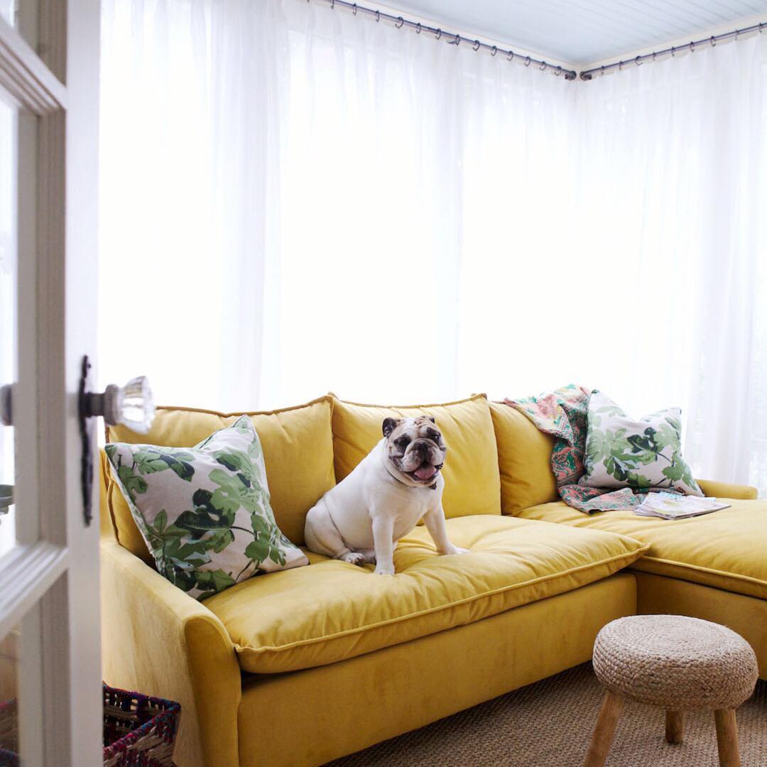 19. Surround a Yellow Sectional With Sheer White Curtains