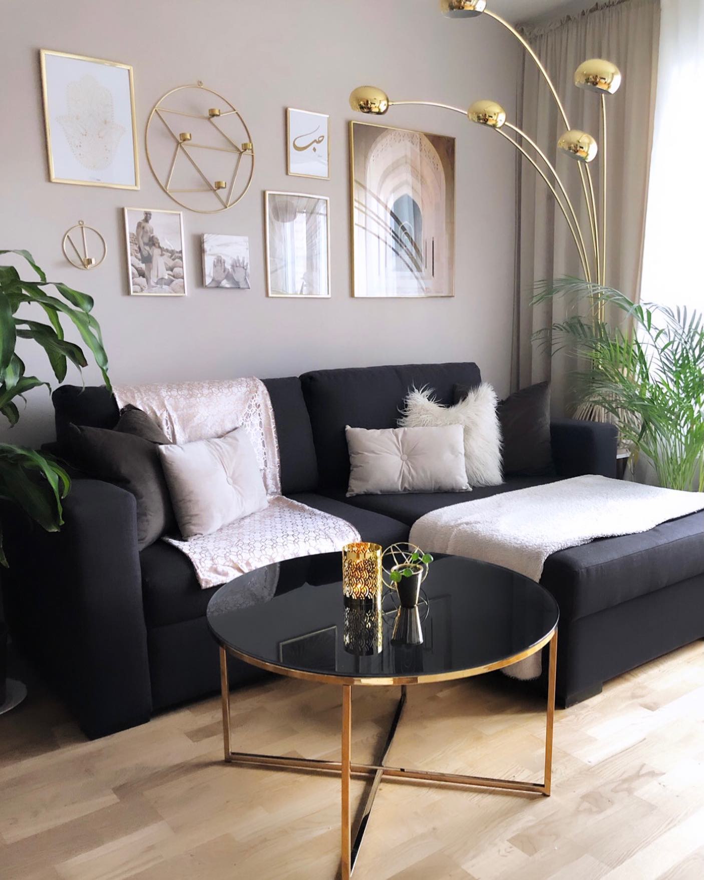 15. Let a Gold Floor Lamp Shape the Seating Area