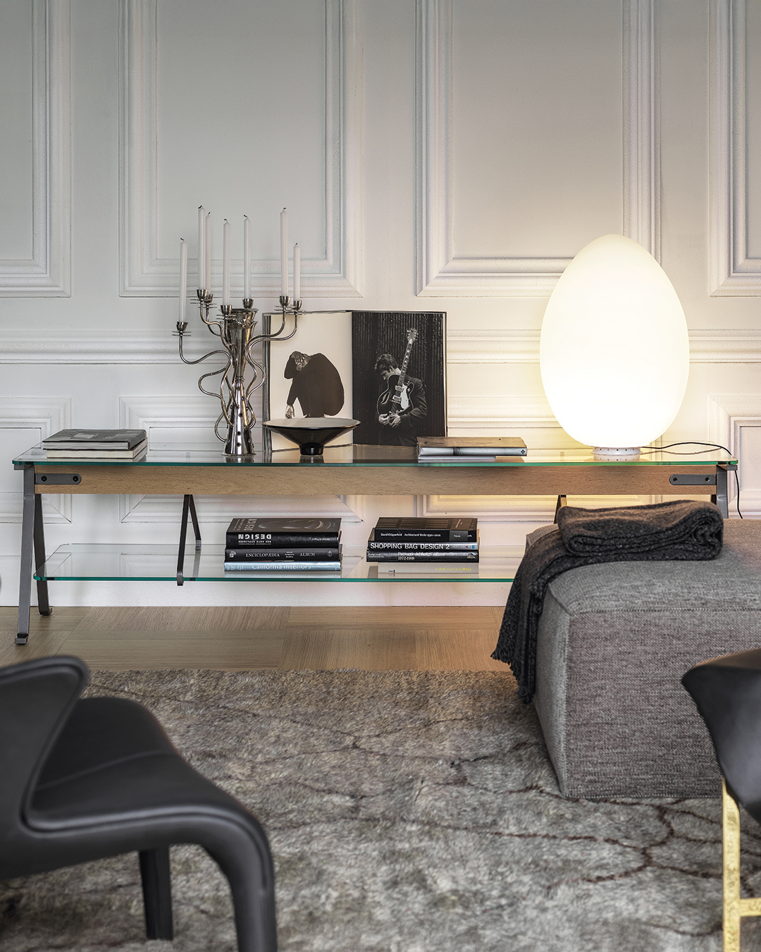4. Create a Silver Candelabra Display Behind Black Seating