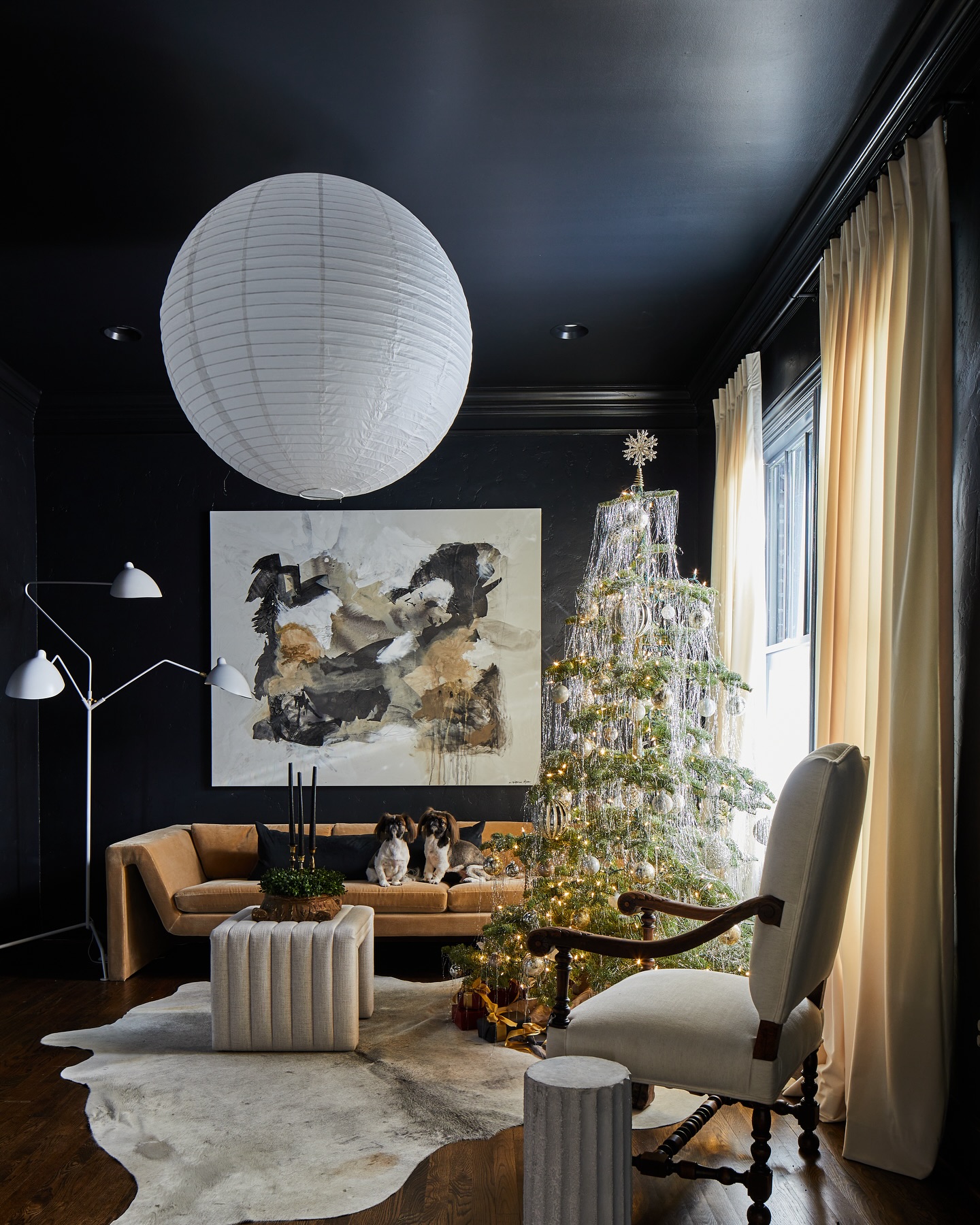 10. Balance a Black Ceiling With a White Paper Pendant
