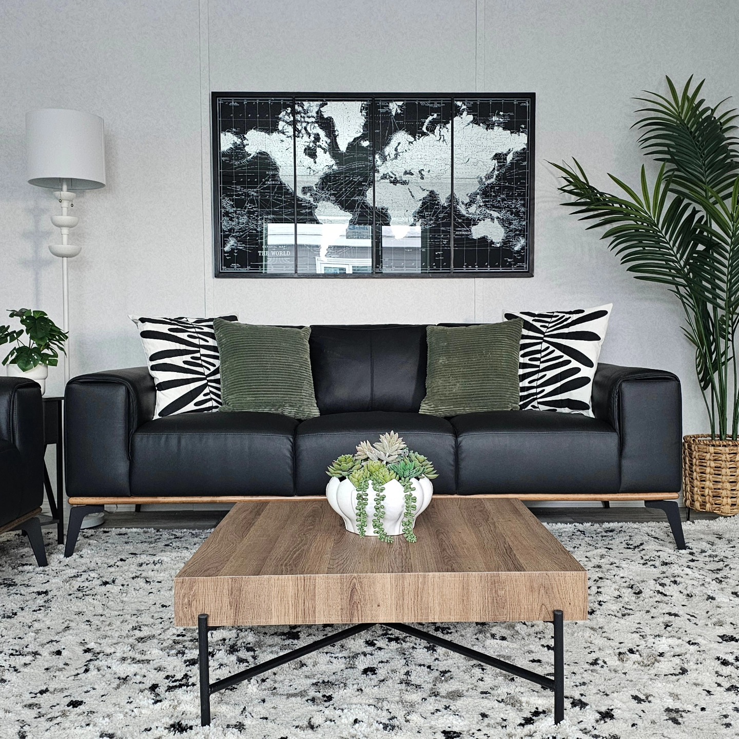 17. Pair Black Leather With Green and Natural Wood