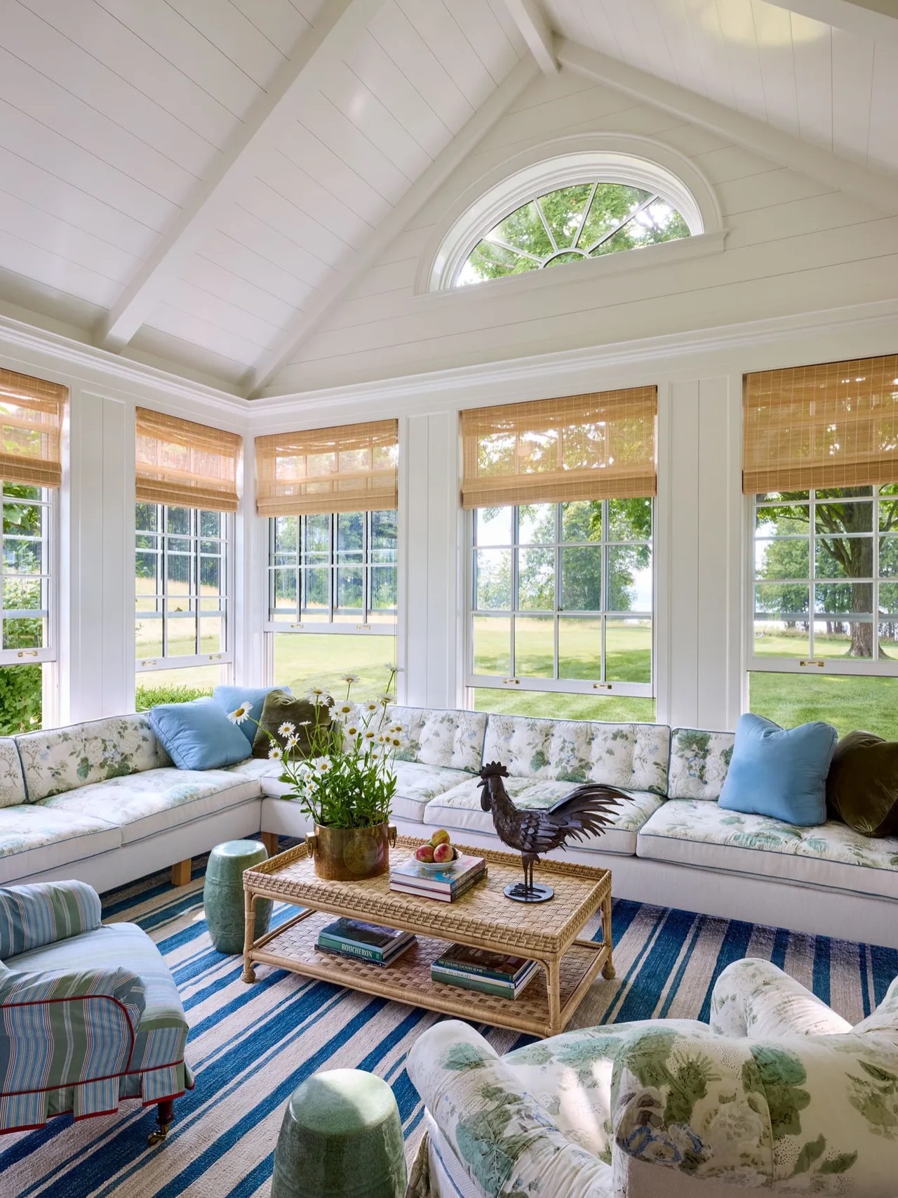 4. Striped Blue Rugs Beneath Green Floral Seating