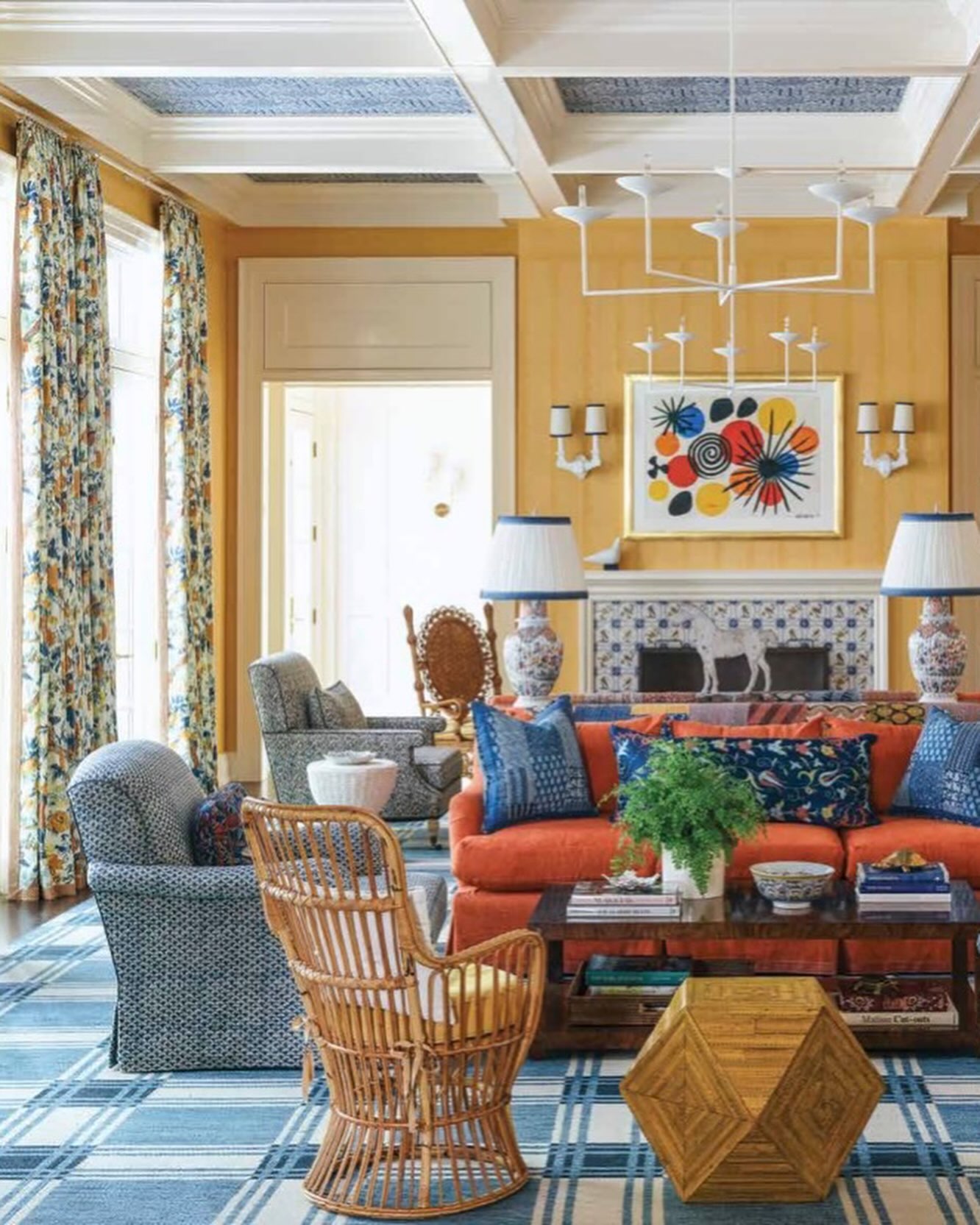 5. Blue Plaid with Green Botanical Details