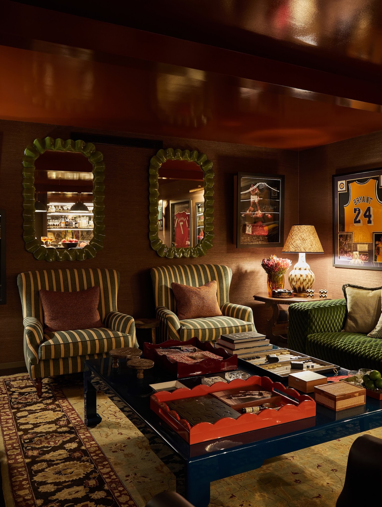 7. A Navy Coffee Table Among Olive Seating