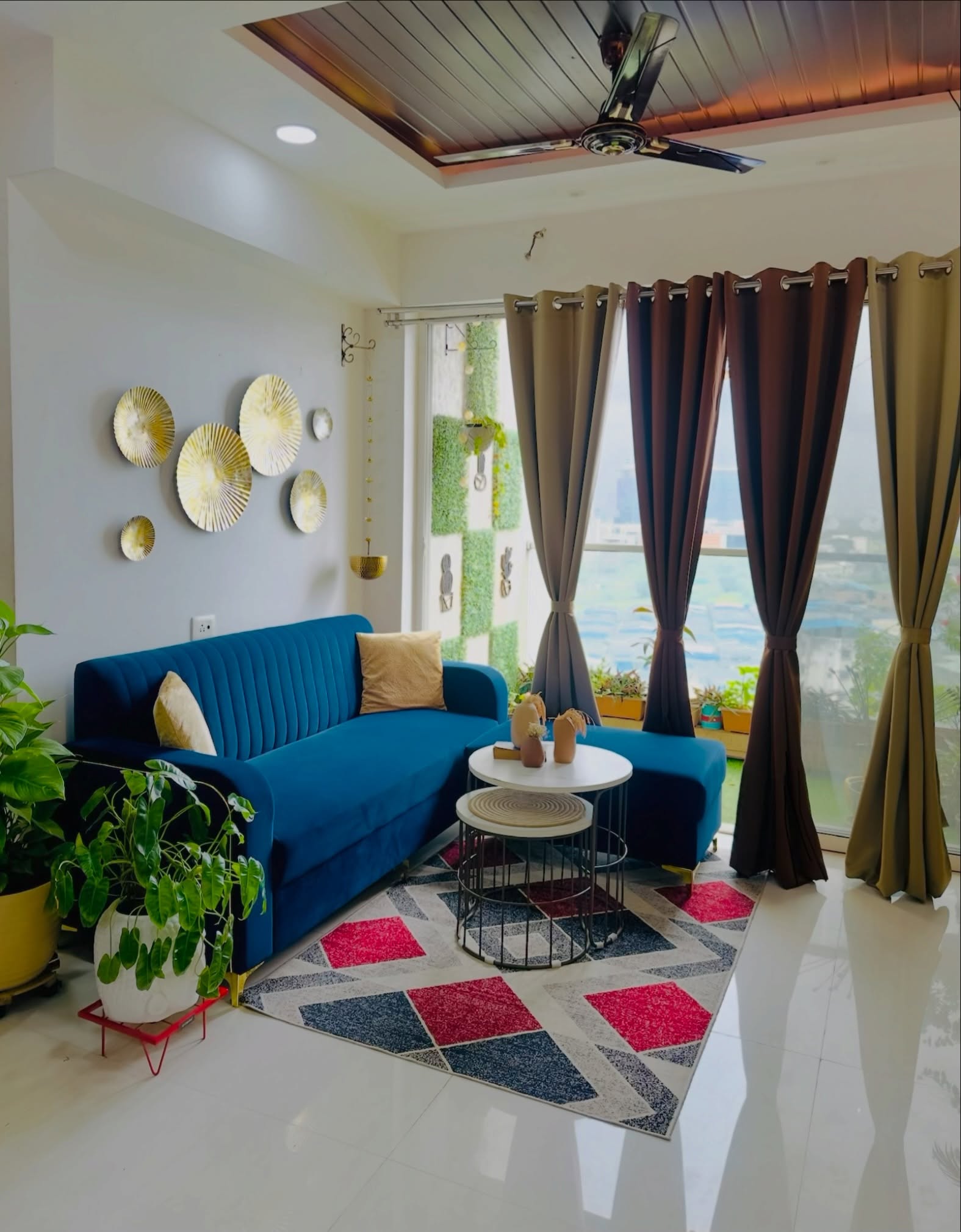 10. Blue Upholstery with Olive Window Curtains