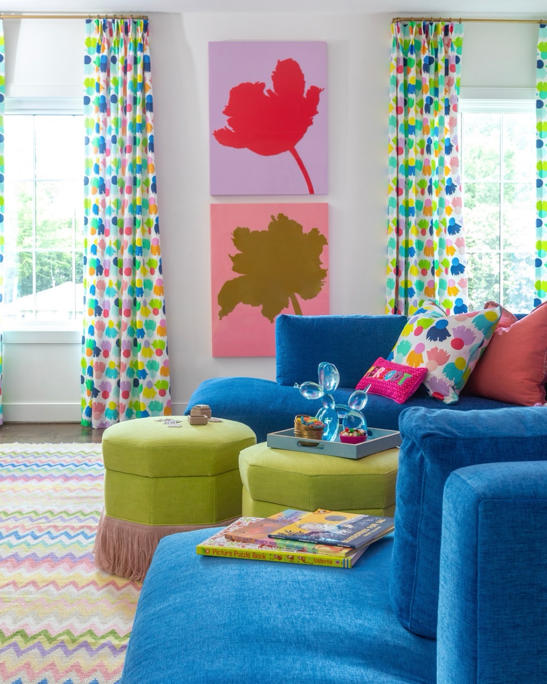 15. Pair a Bright Blue Sofa with Lime Ottomans