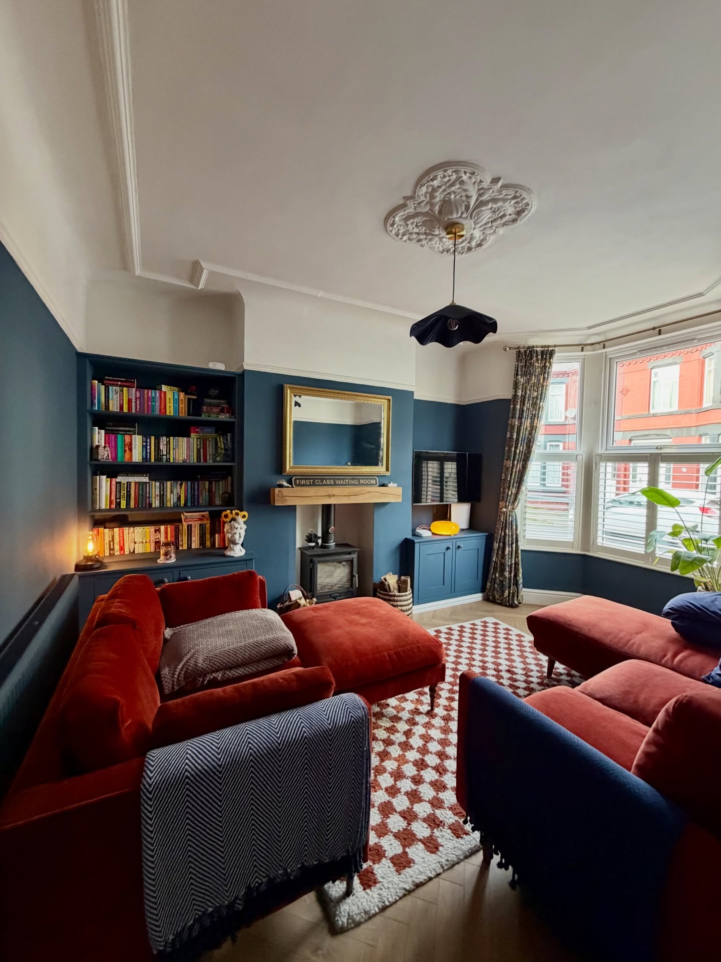 5. Balance Rust Seating With Blue Built-In Storage