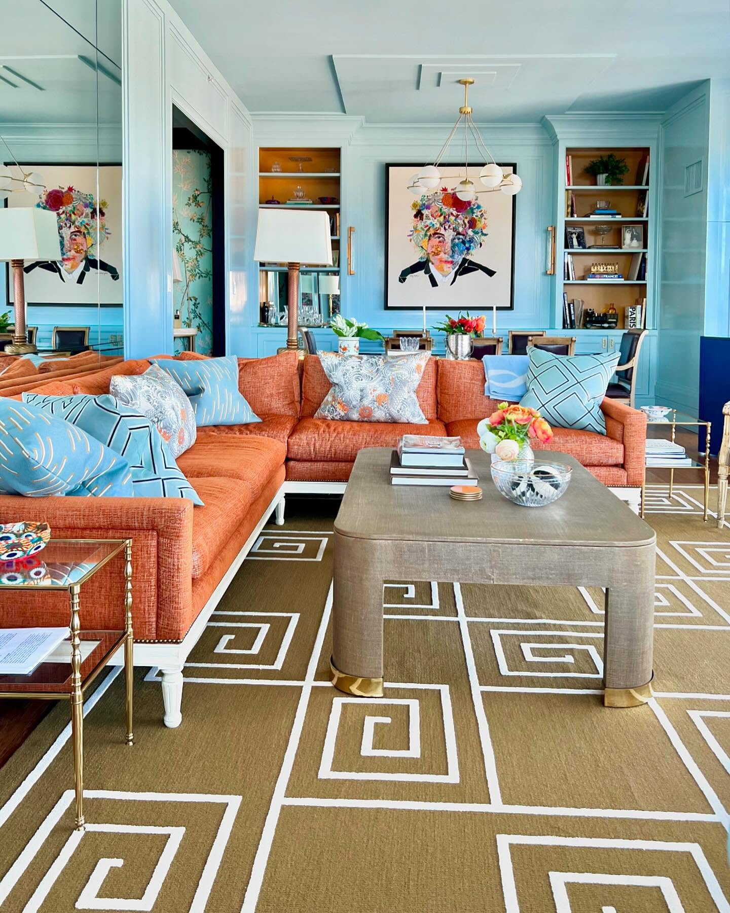 7. Pair Apricot Upholstery With Glossy Sky Blue Walls